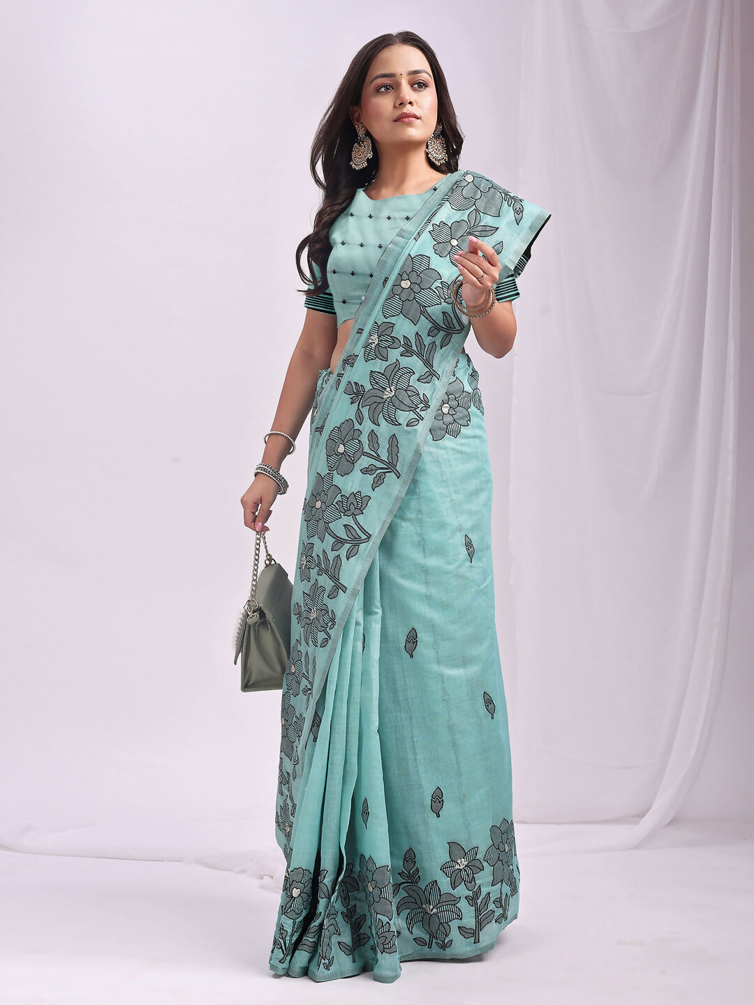 Shree Shyam Fashion Kashira Sea Green Linen Cotton Saree