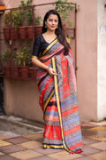 Red Silk Blend Geometric Saree with Unstitched Blouse - A2M