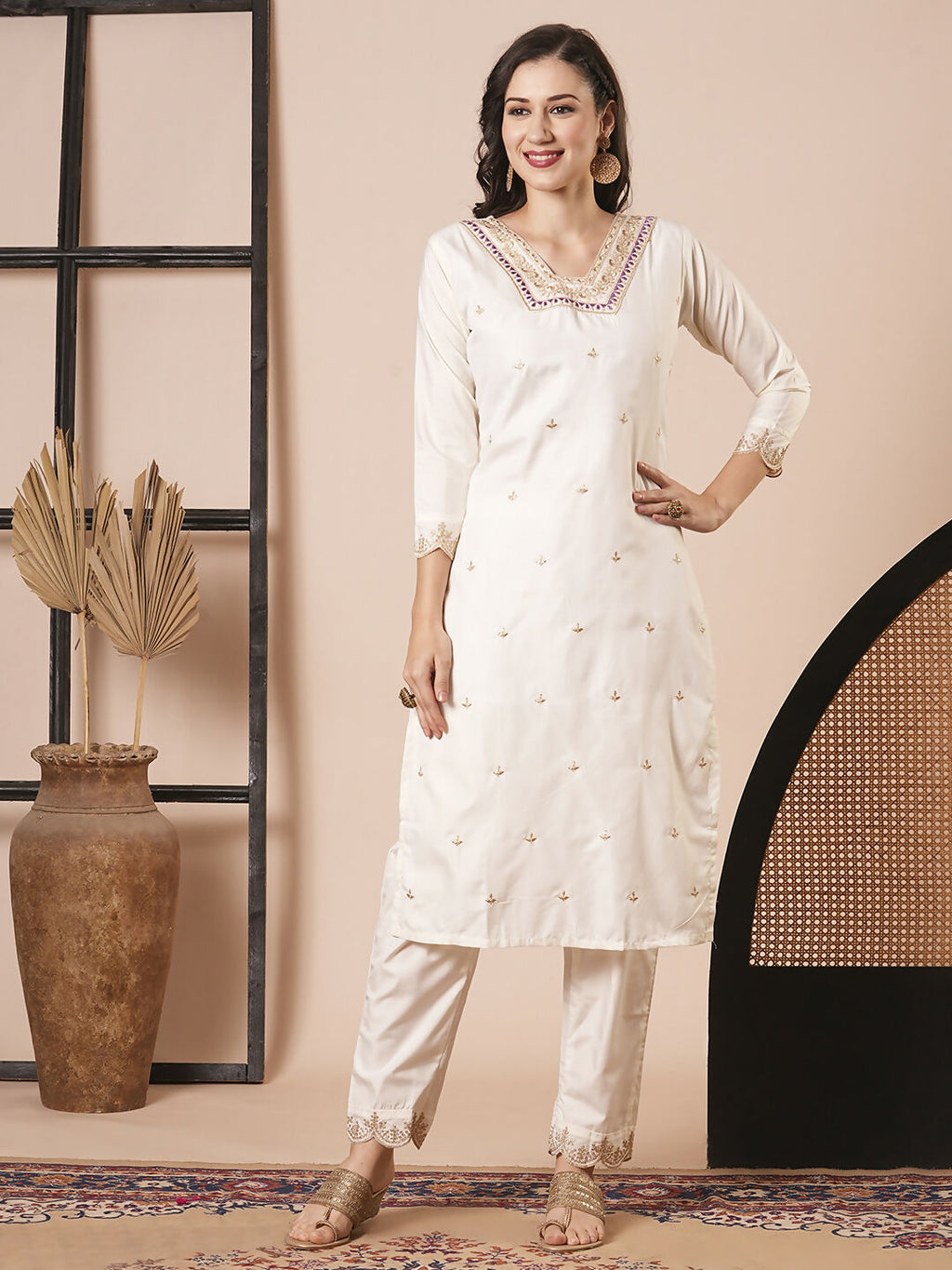 Off White Roman Silk Embroidery Work, Printed Kurta Set - Riya