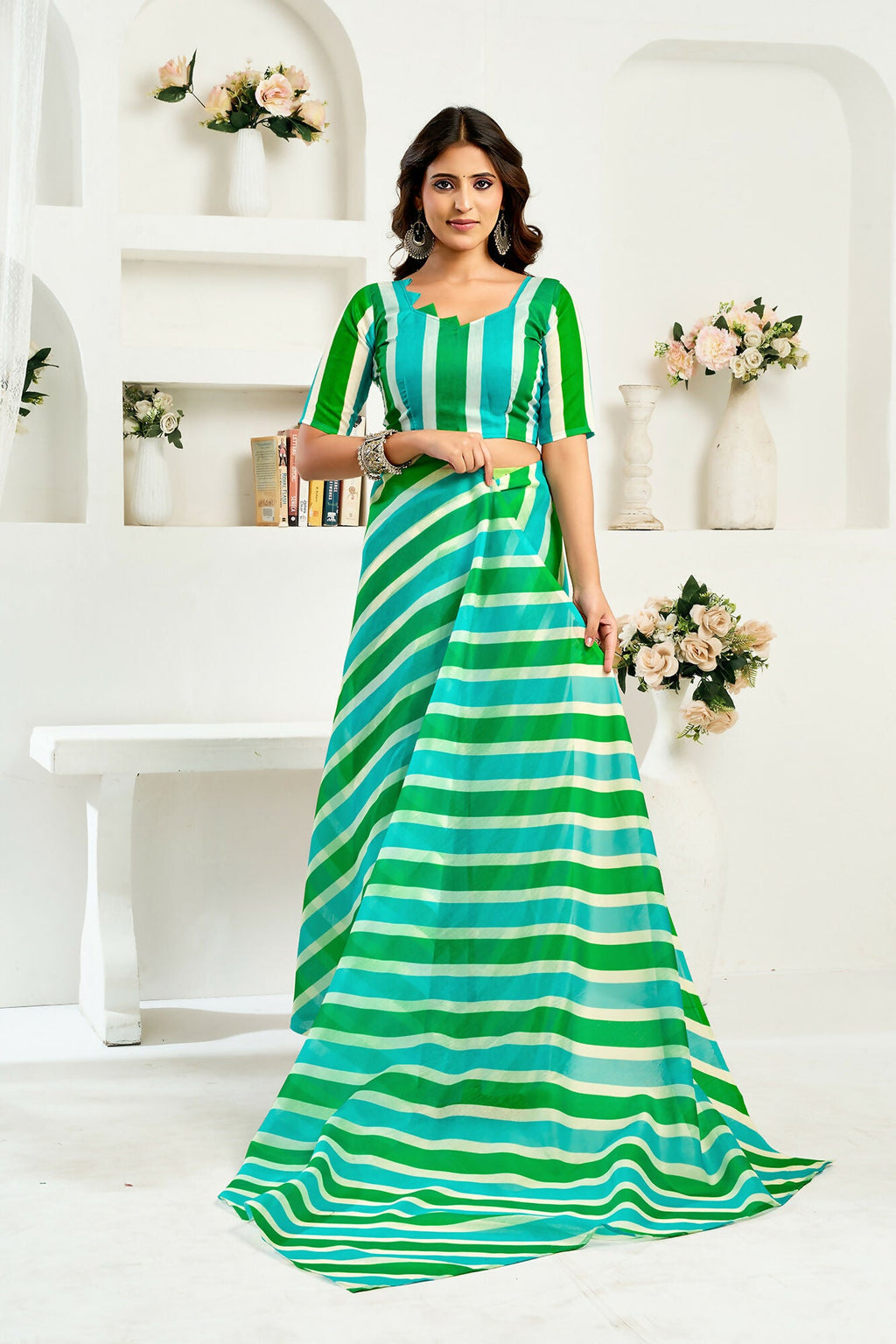 Vastranavya Green Digital Printed Linen Ready To Wear Designer Saree with Unstitched Blouse