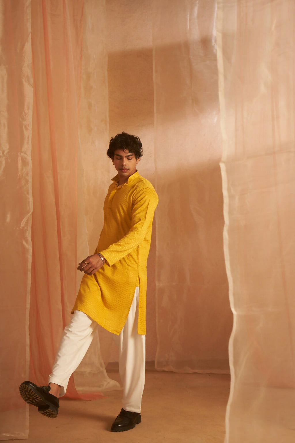 Mustard Viscose Chikankari Embroidery Work Men's Kurta Set - Mahotsav