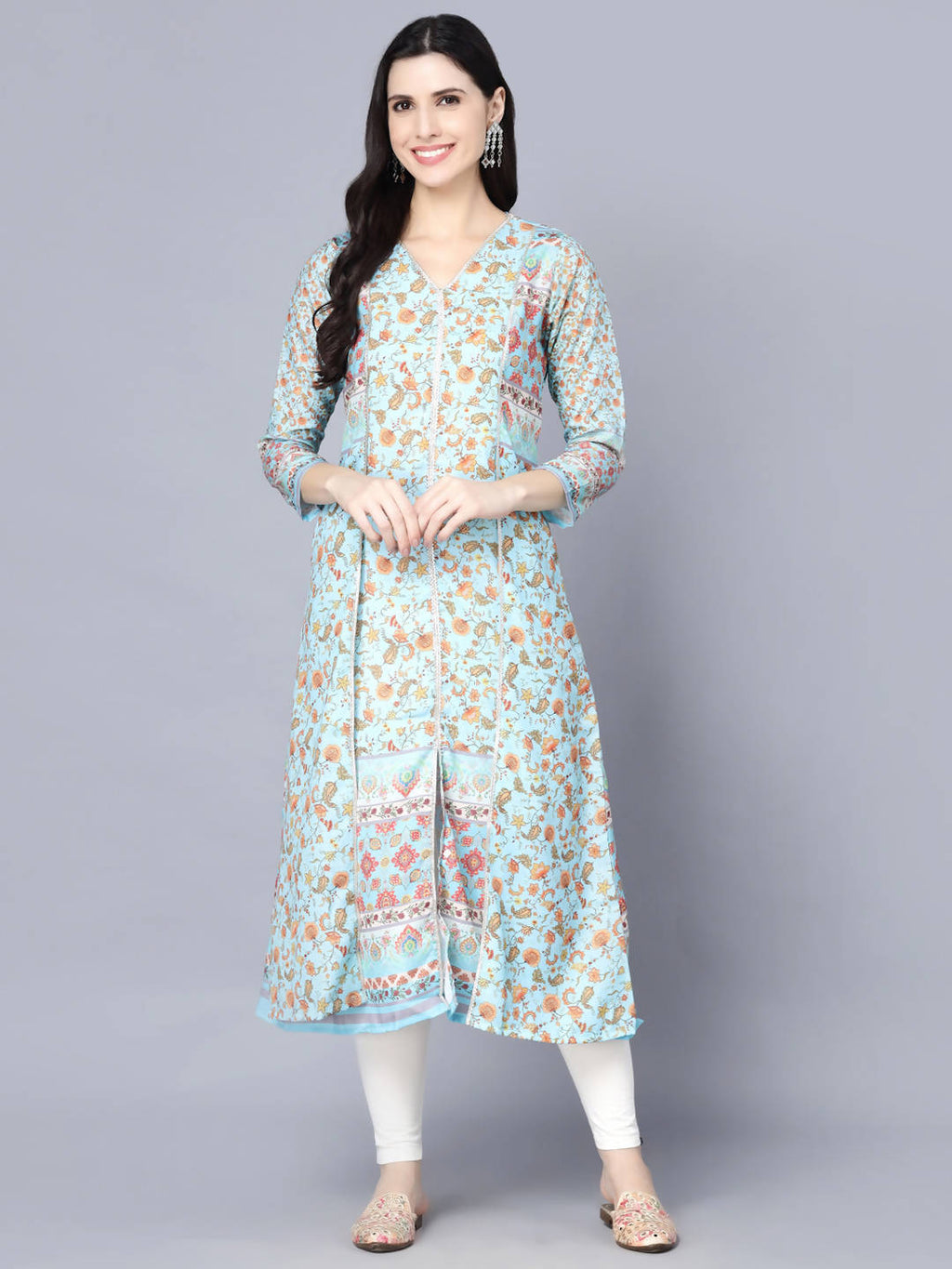 Myshka Women Blue Floral Printed Thread Work Anarkali Kurta