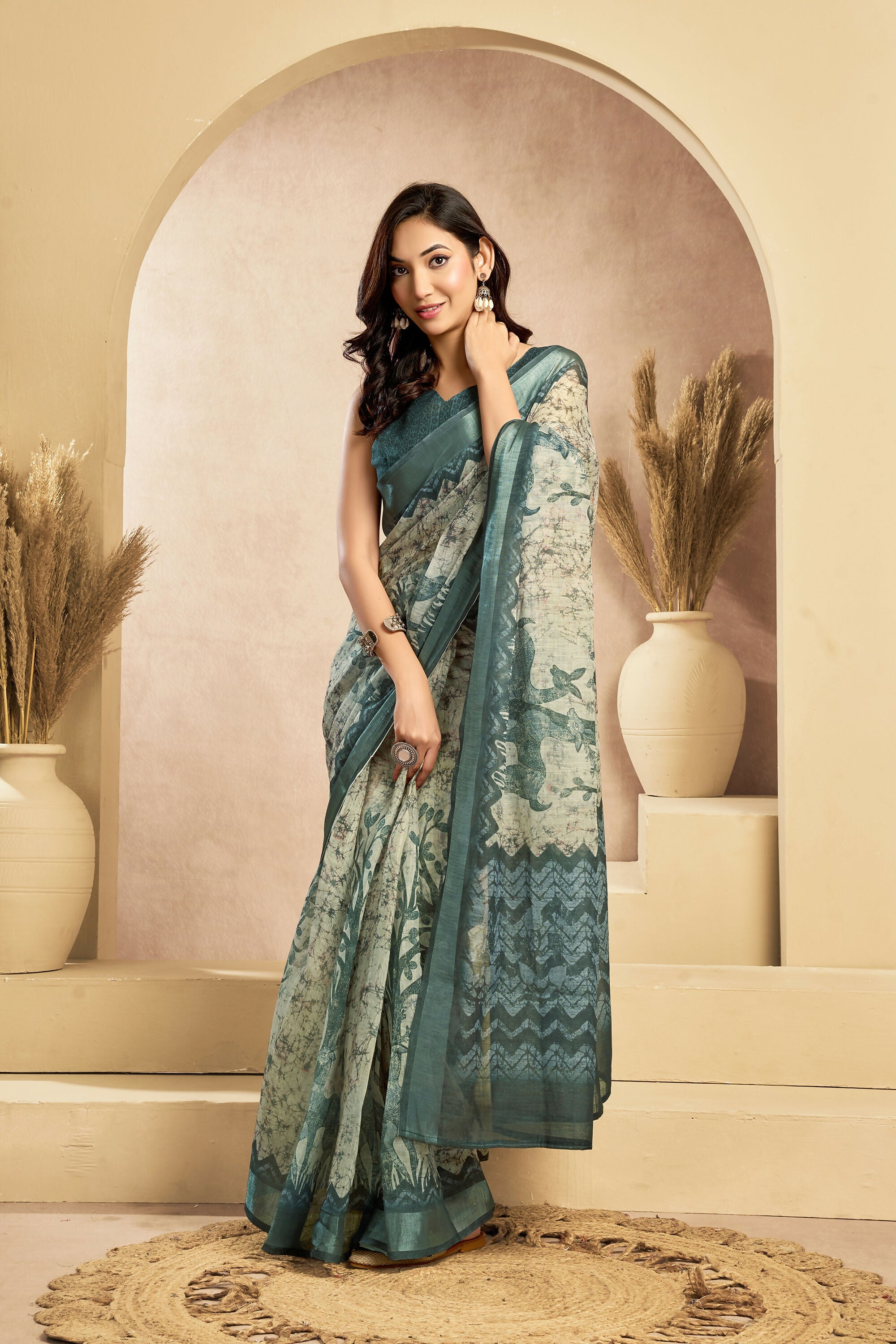 Vastranavya Digital Printed Linen Ready To Wear Designer Saree with Unstitched Blouse