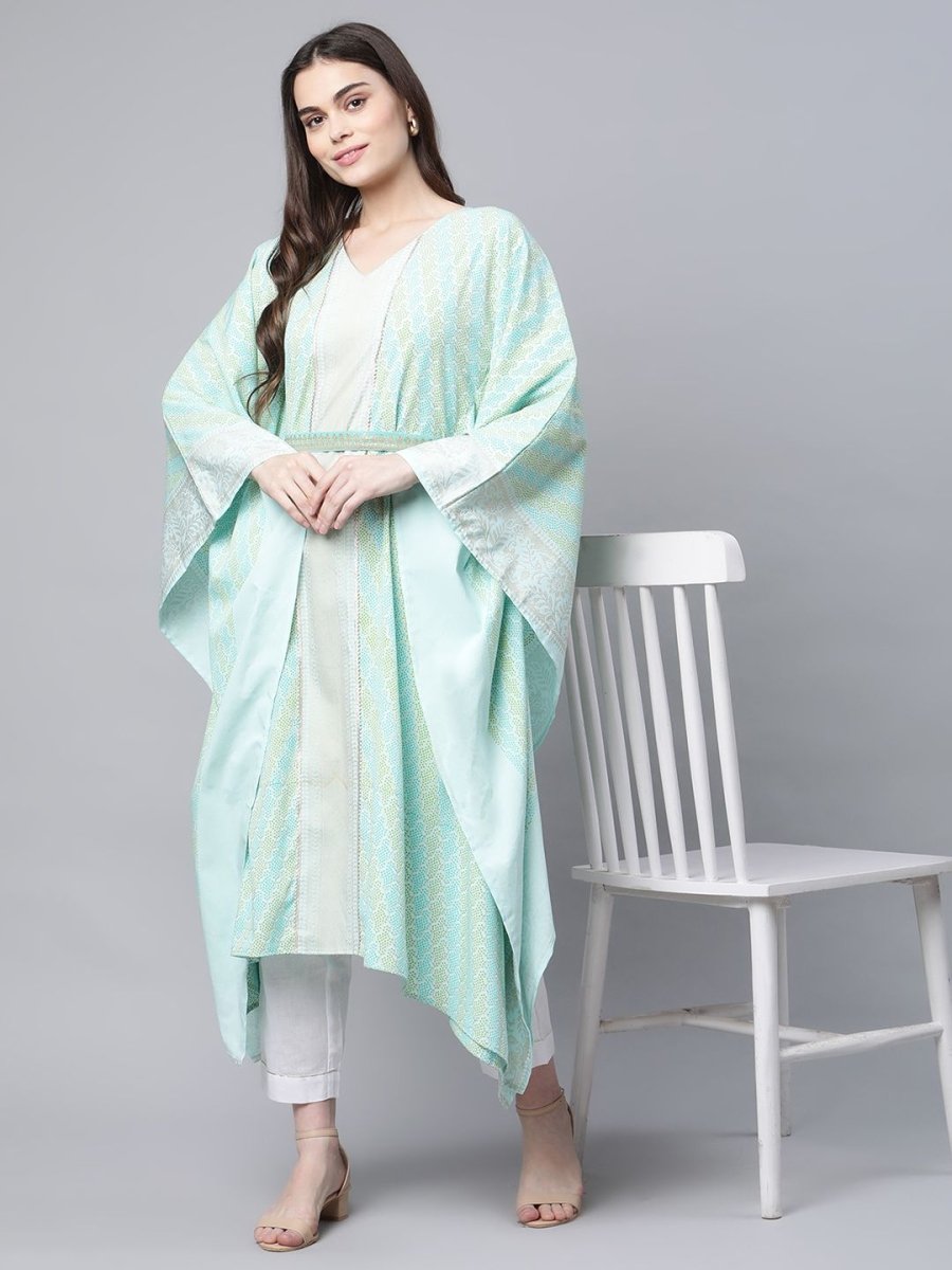 Ahalyaa Women Sea Green Crepe Printed Kaftan Kurta