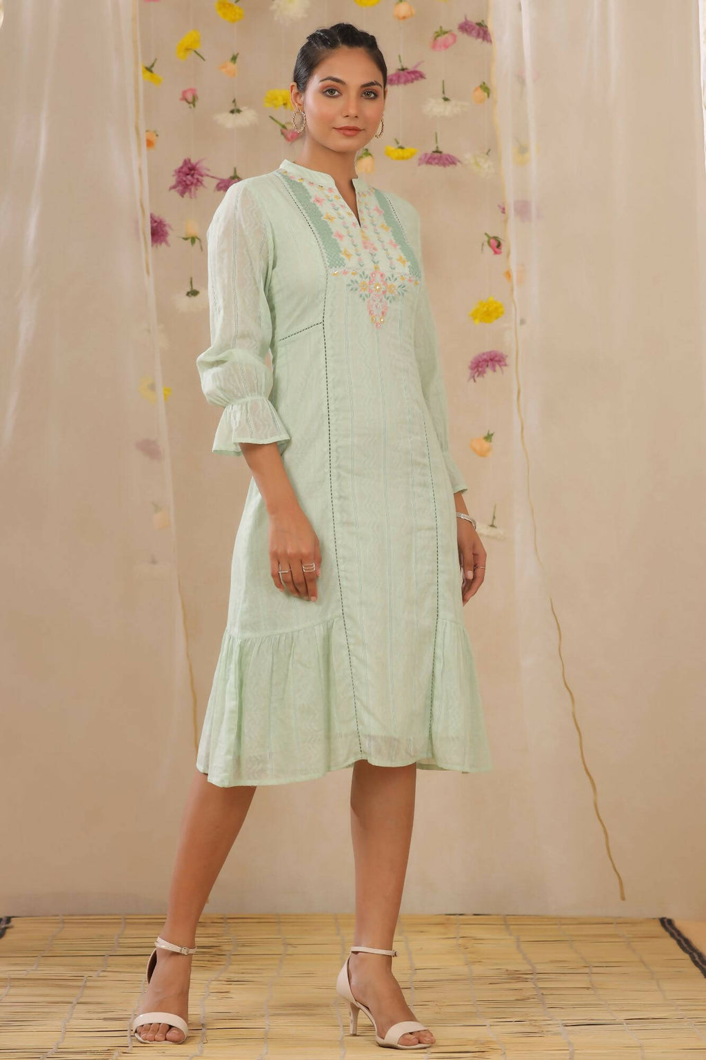 Juniper Women Sagegreen Cotton Dobby Woven Design A-Line Dress