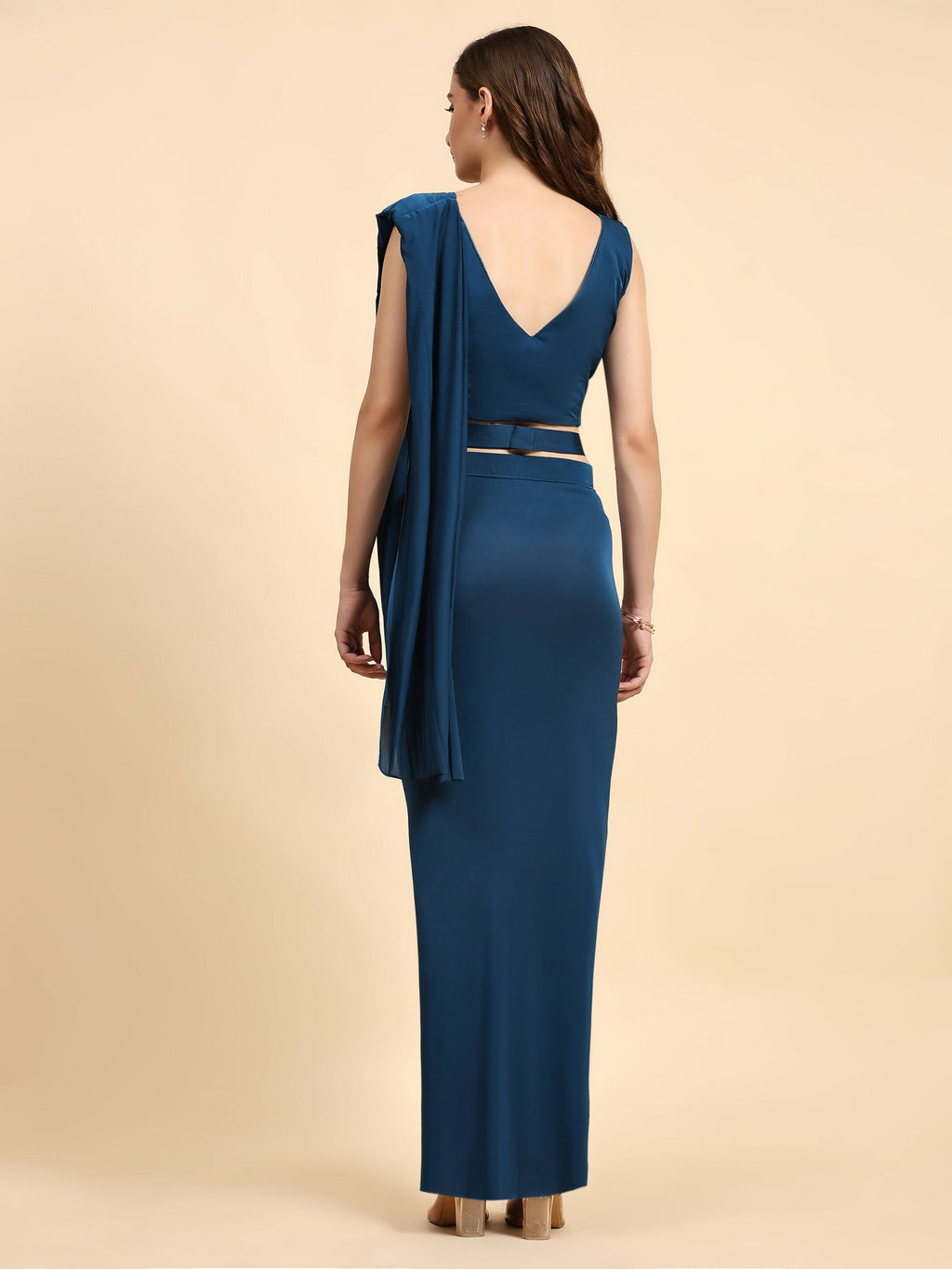 Blue Polyester Solid Ready to Wear Saree with stitched Blouse - Nita