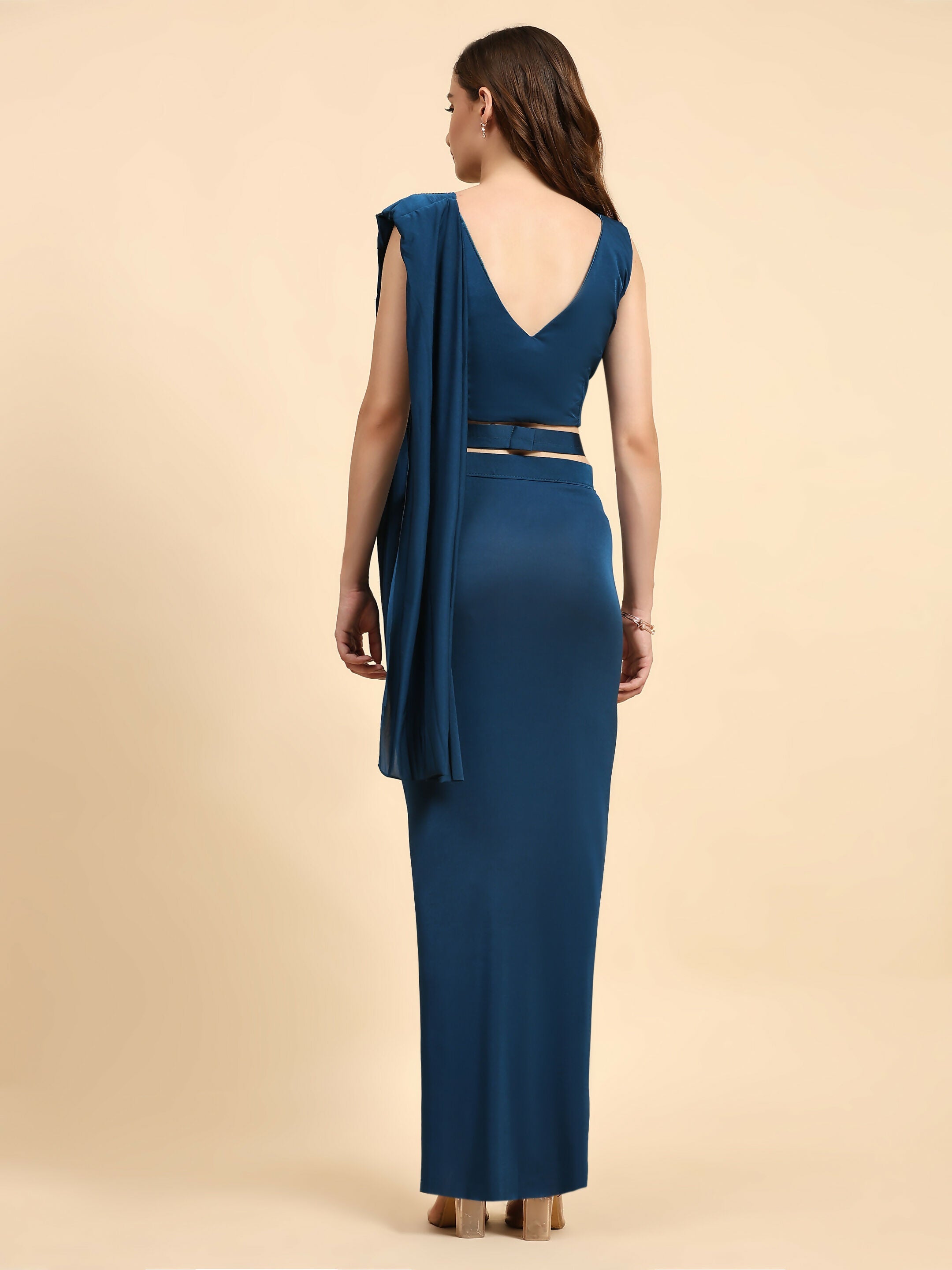 Blue Polyester Solid Ready to Wear Saree with stitched Blouse - Nita