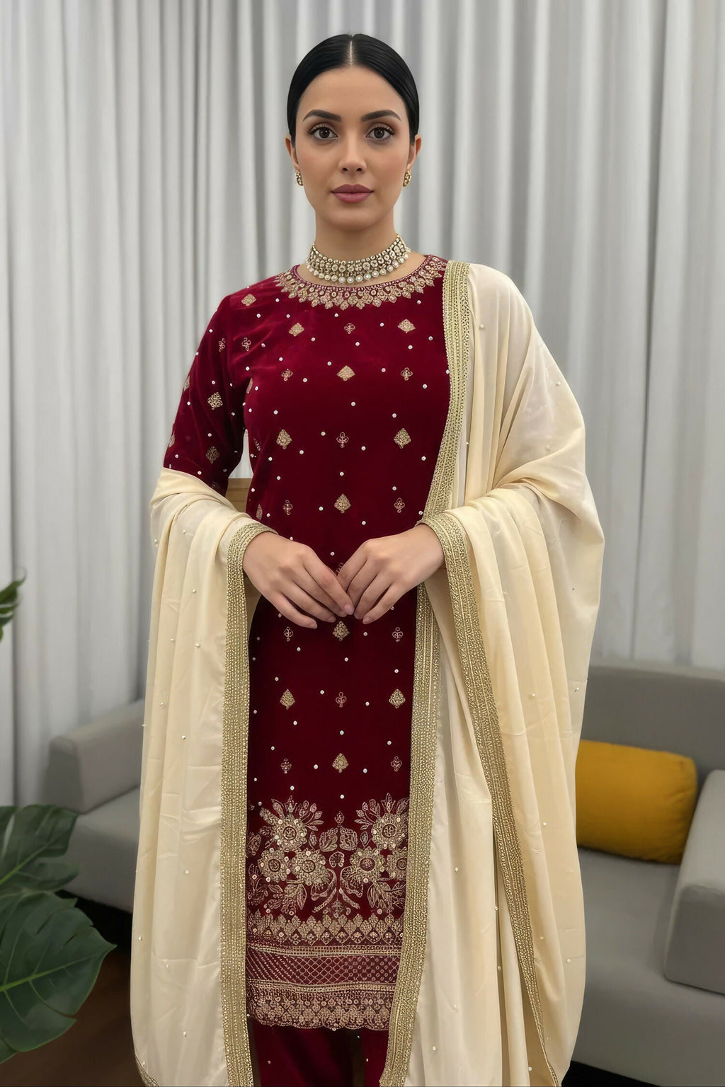 Joban Fashion Deep Maroon Velvet Embroidery Kurta Set