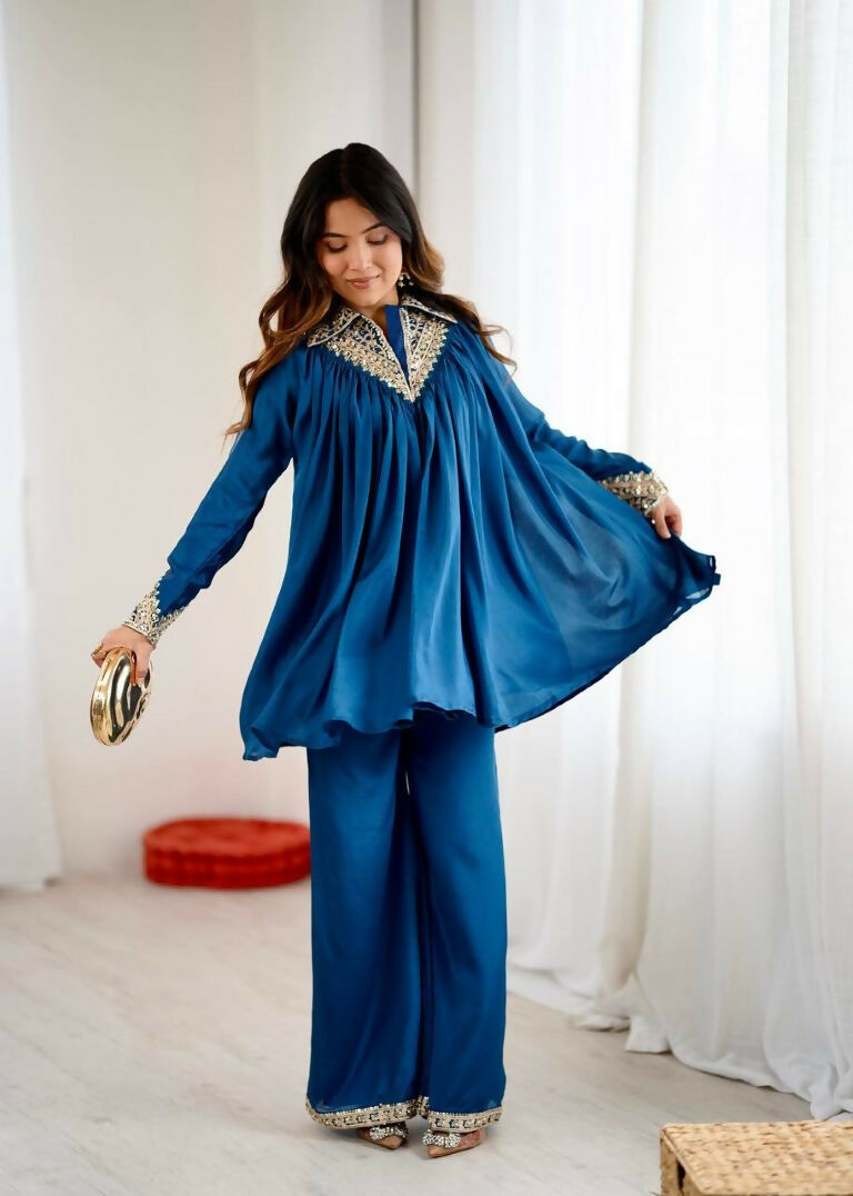 Teeya Creation Blue Heavy Chinnon Silk Embroidery Work Plazo pair