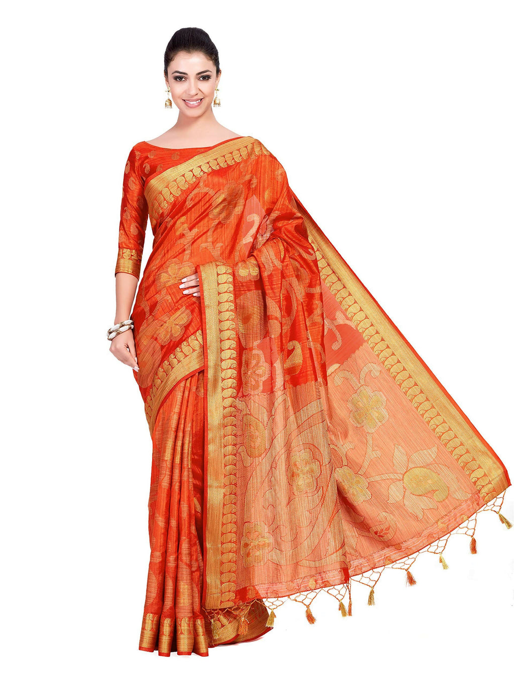 Mimosa Women's Kanchipuram Art Silk Orange Saree