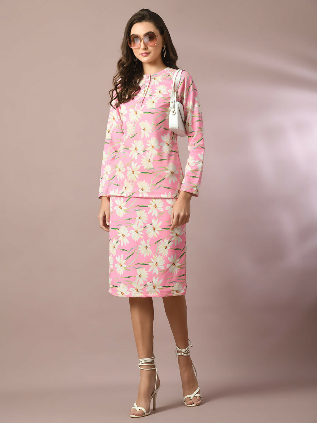 Myshka Women's Pink Printed Round Neck Party Top With Skirt Co-ord set