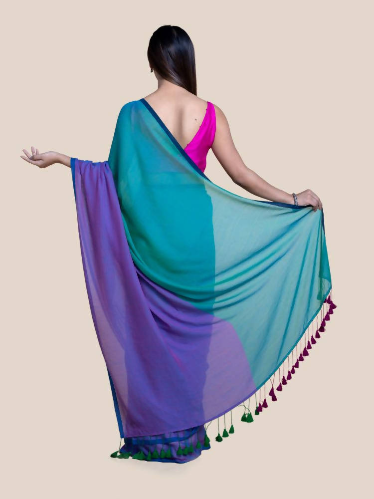 Suta Purple Green Colourblocked Mul Saree