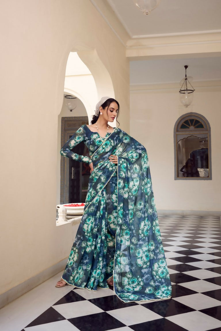 Vastranavya Navy Blue Weightless Marble Printed & Pearl Lace Border Saree with Unstitched Blouse