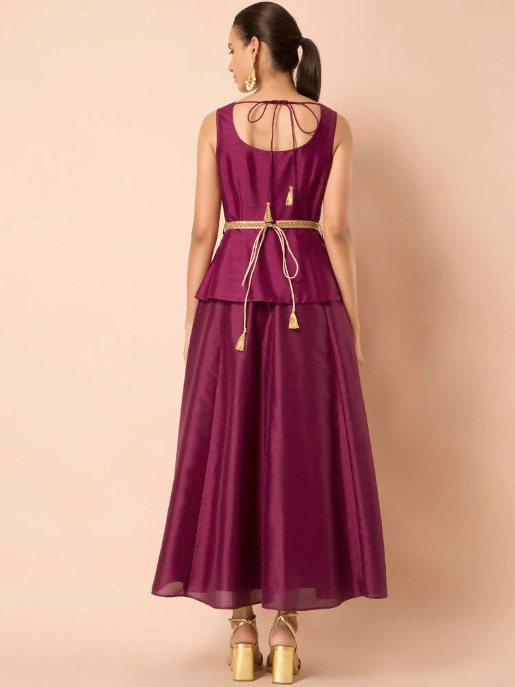 Indya Women Wine-Colored Embroidered Belted Peplum Layered Kurta