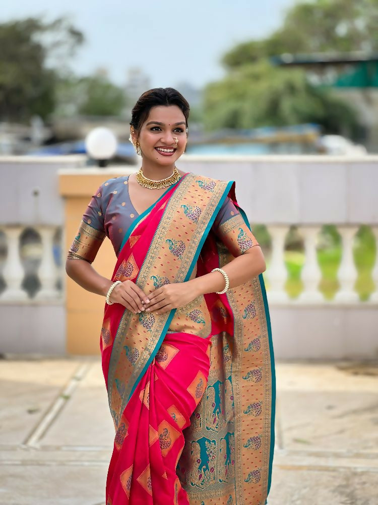 PR Fashion Rani Pink Soft Banarasi Silk With Zari Weaving Meenakari Design Saree