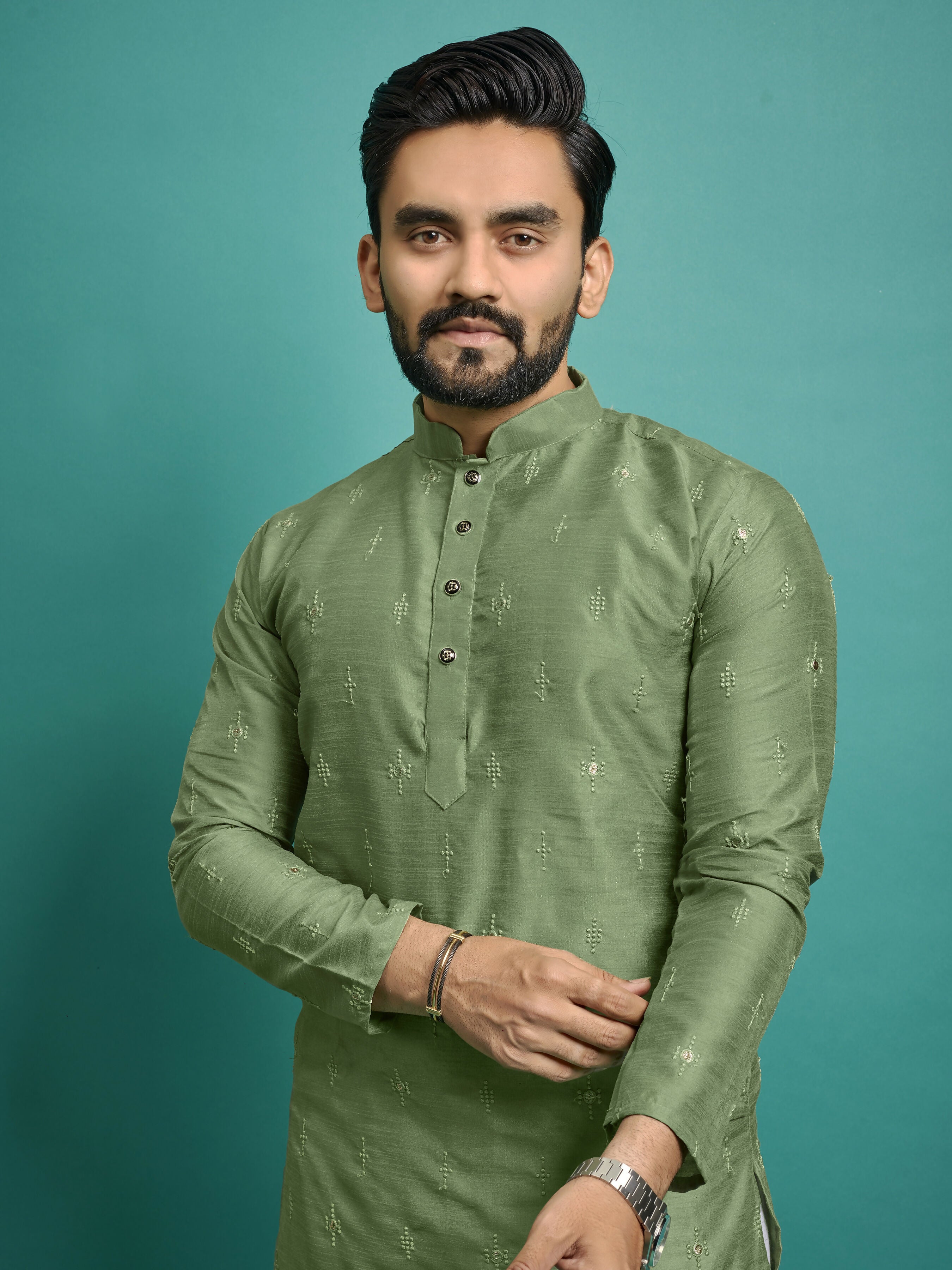 Party Wear Stitched Green Kurta Pajama For Men by Infinity Export