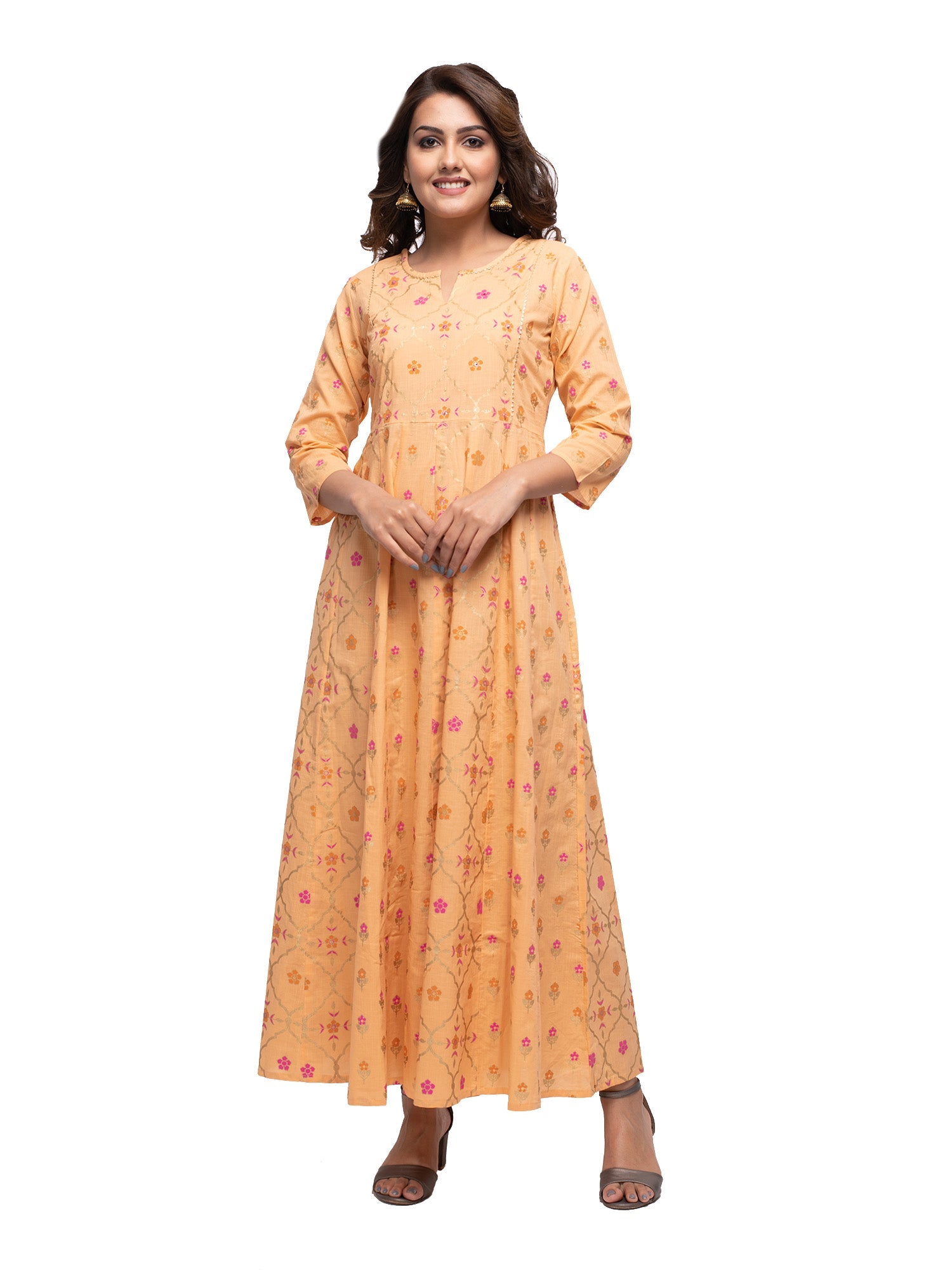 Kaajh Women's Orange Gold Print kurta