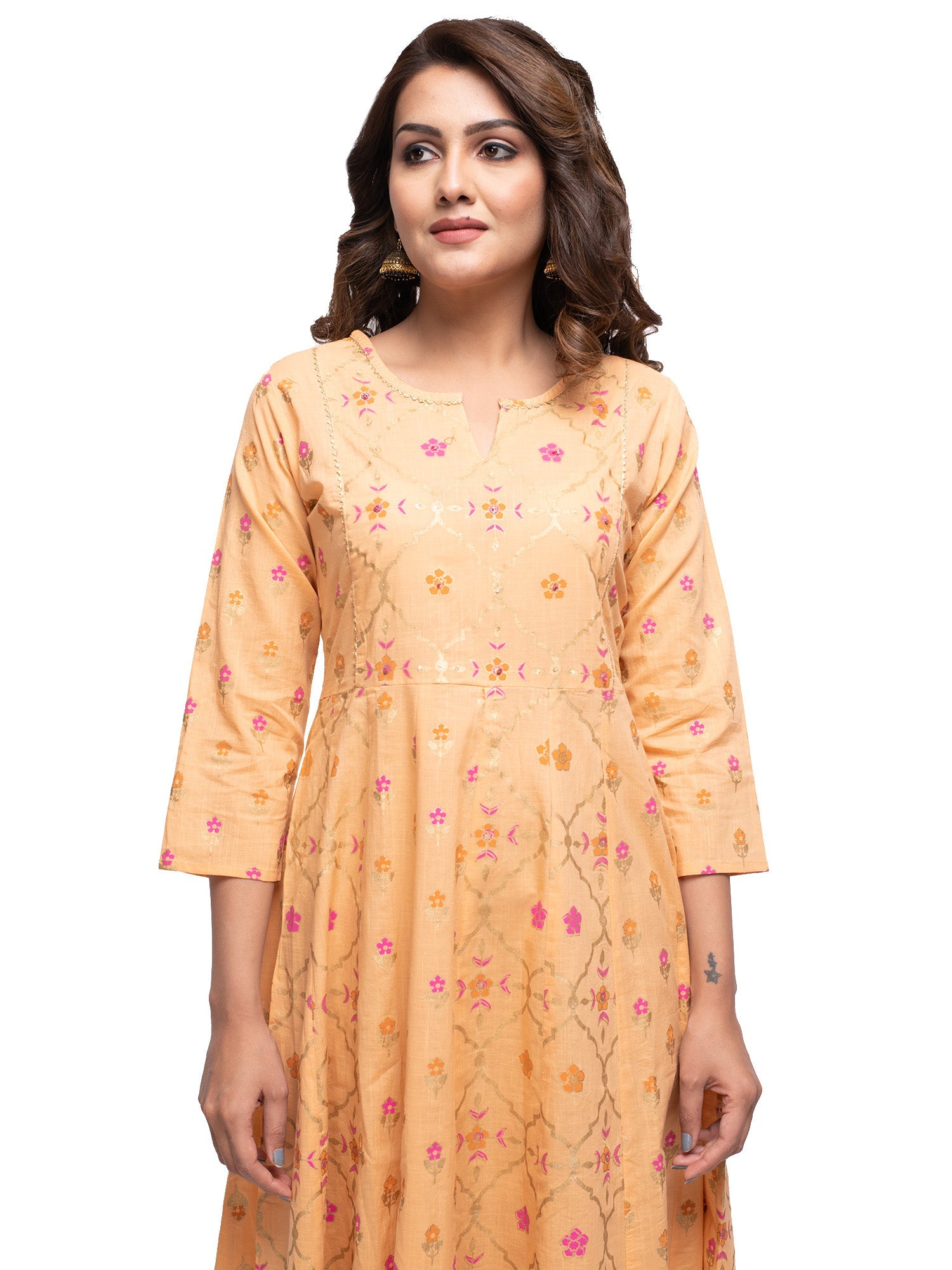 Kaajh Women's Orange Gold Print kurta