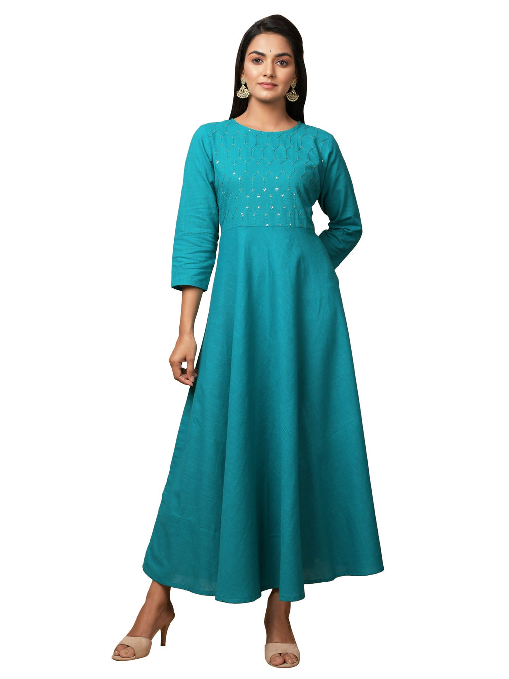 Kaajh Women's Green Solid Sequin Anarkali Kurta