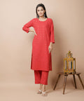 Kaajh Women's Red Solid Mirror Embellished Kurta Pant Set