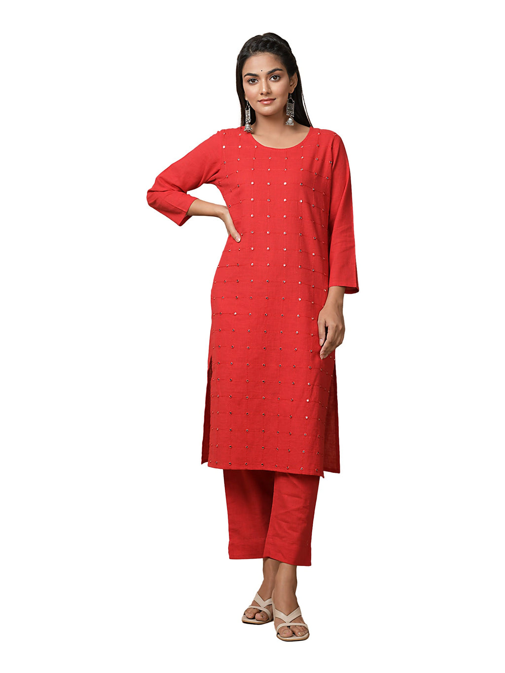 Kaajh Women's Red Solid Mirror Embellishment Kurta