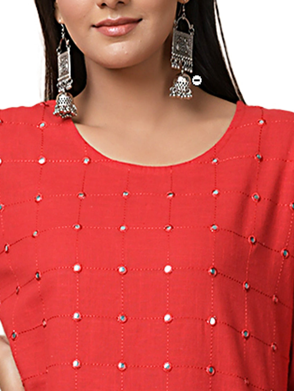 Kaajh Women's Red Solid Mirror Embellishment Kurta
