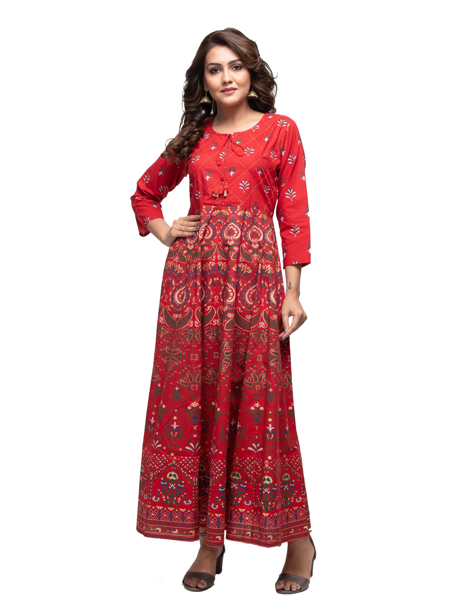 Kaajh Women's Red Gold Printed Ethnic Kurta