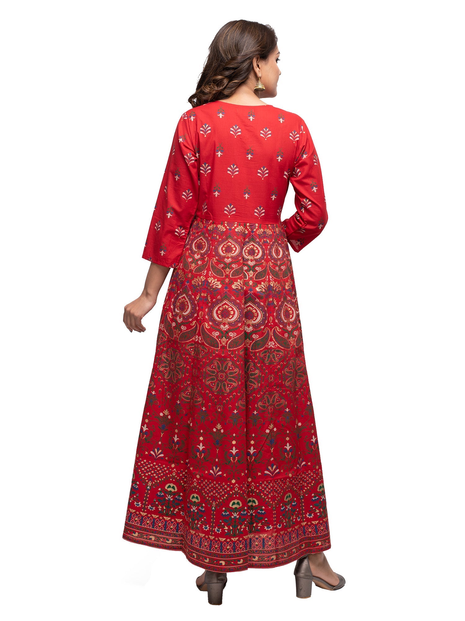 Kaajh Women's Red Gold Printed Ethnic Kurta