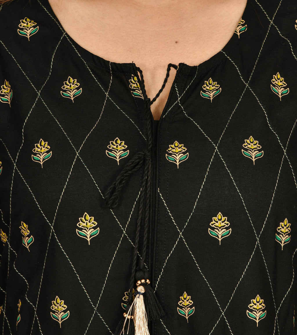 Kaajh Women's Black Green Gold Printed Ethnic Kurta