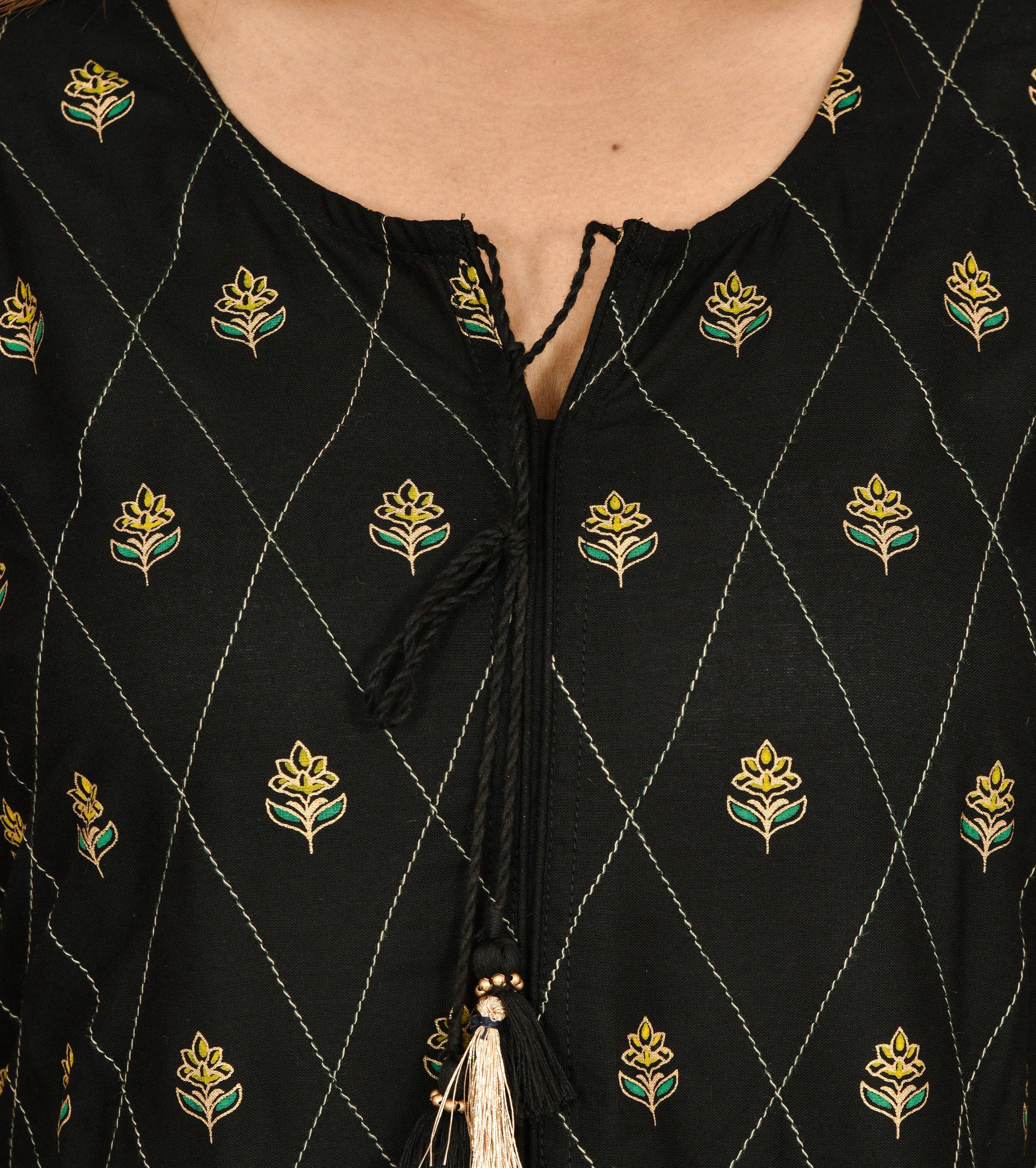 Kaajh Women's Black Green Gold Printed Ethnic Kurta