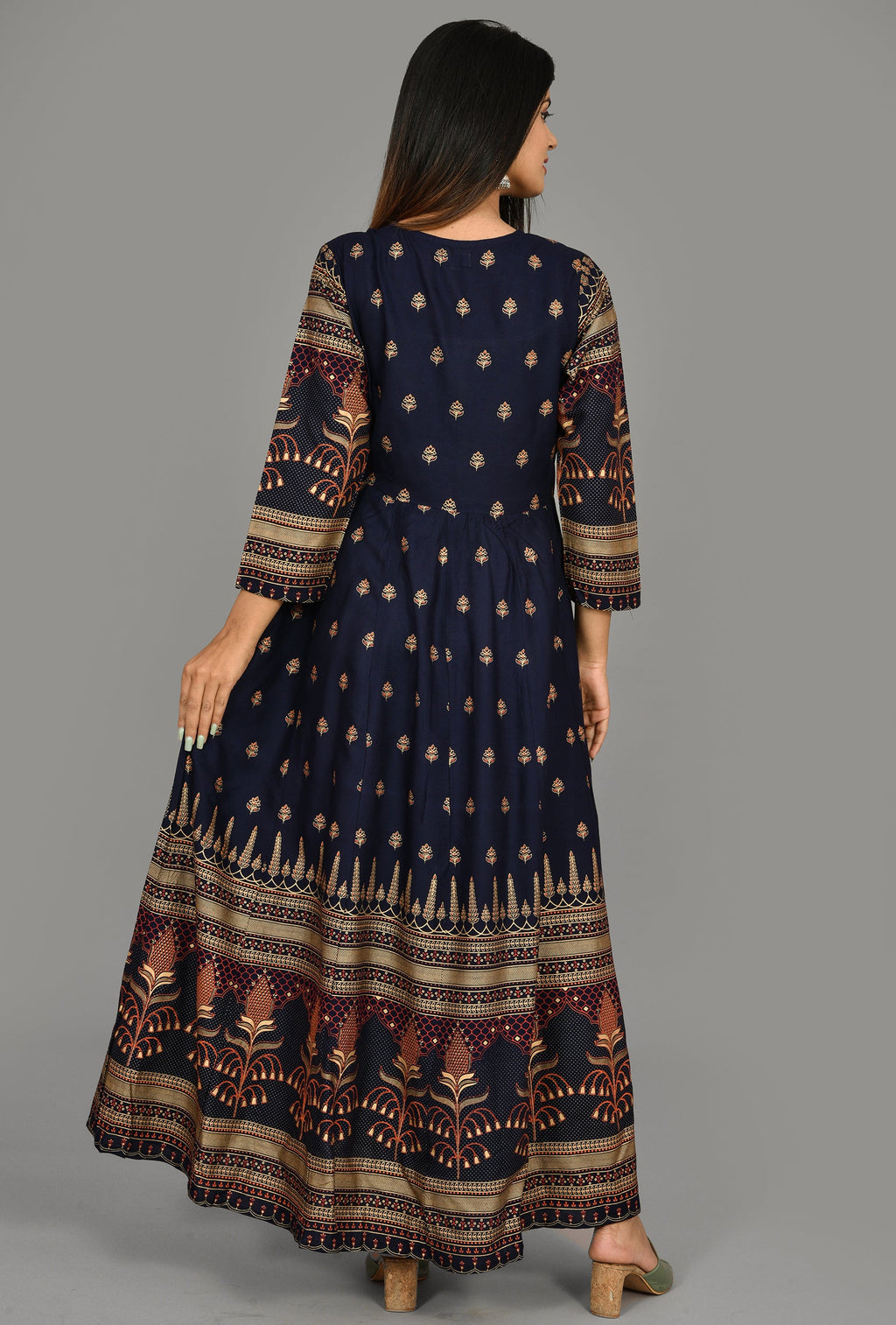 Kaajh Women's Blue Gold Printed Ethnic Kurta