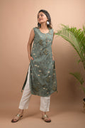 Kaajh Women's Green Sleeveless Printed Kurta Pant Set