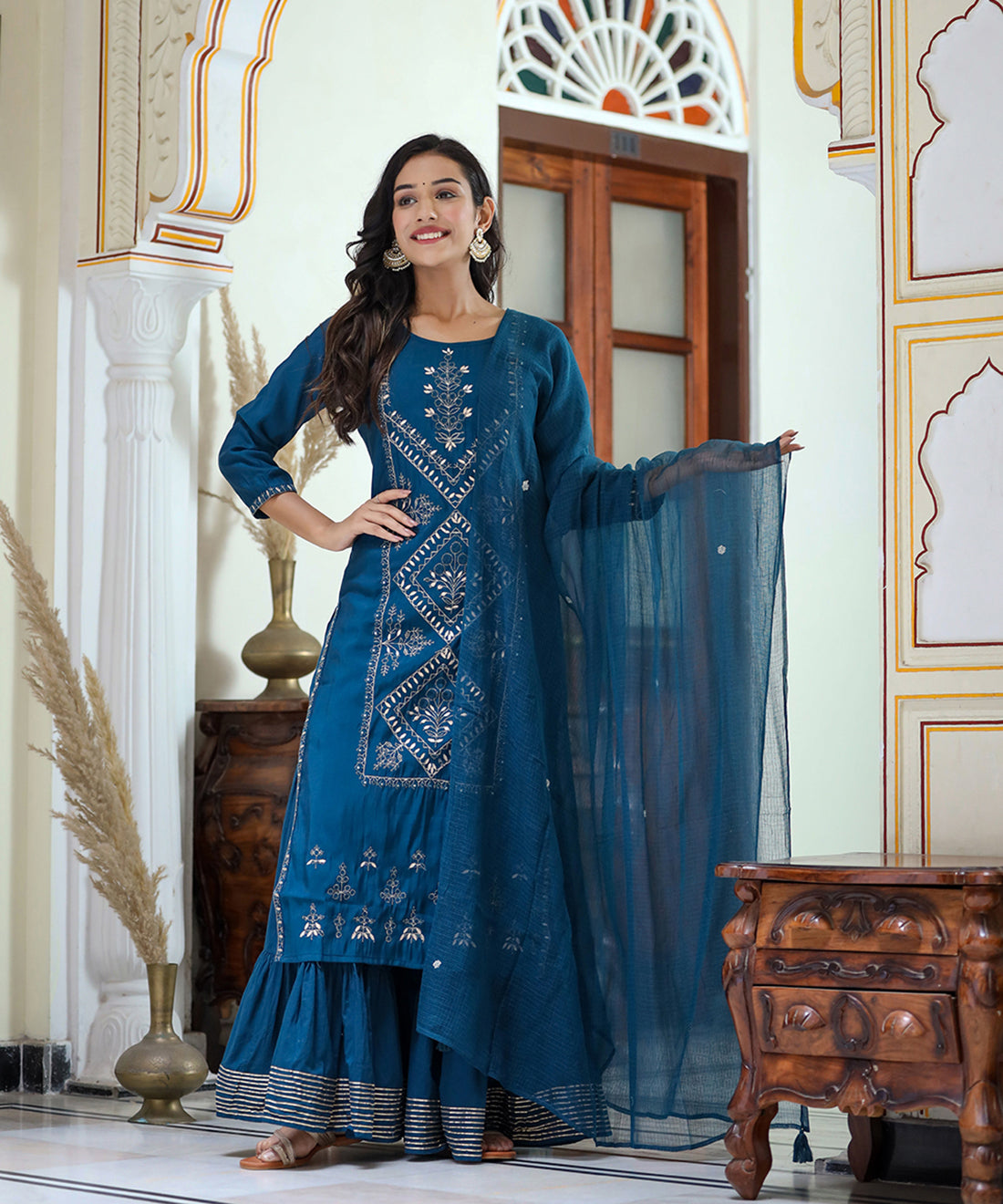 Kaajh Women's Navy Blue Embroidered Silk Kurta Sharara Set With Kota Doria Dupatta