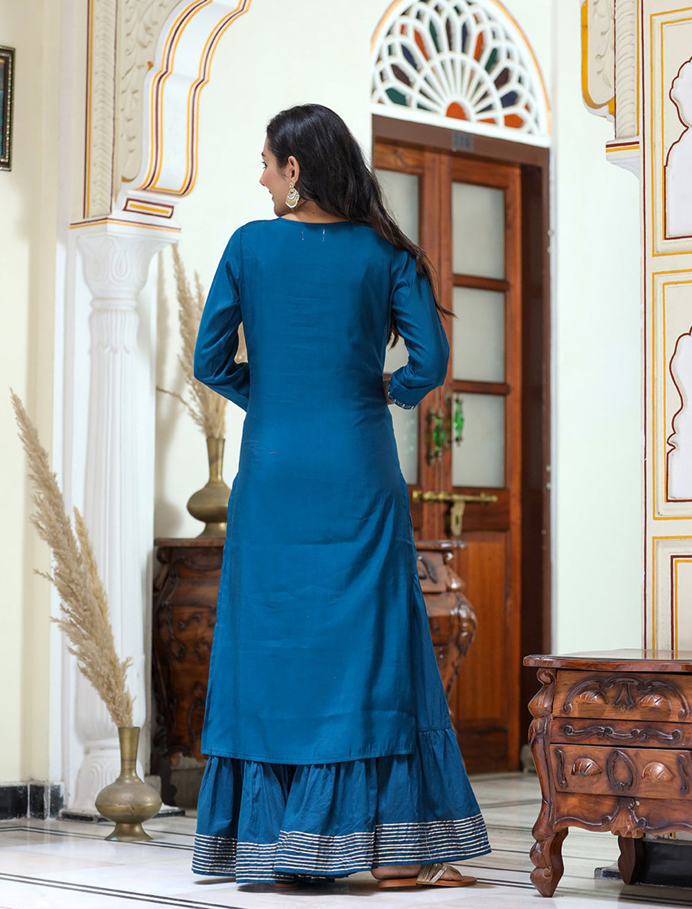 Kaajh Women's Navy Blue Embroidered Silk Kurta Sharara Set With Kota Doria Dupatta