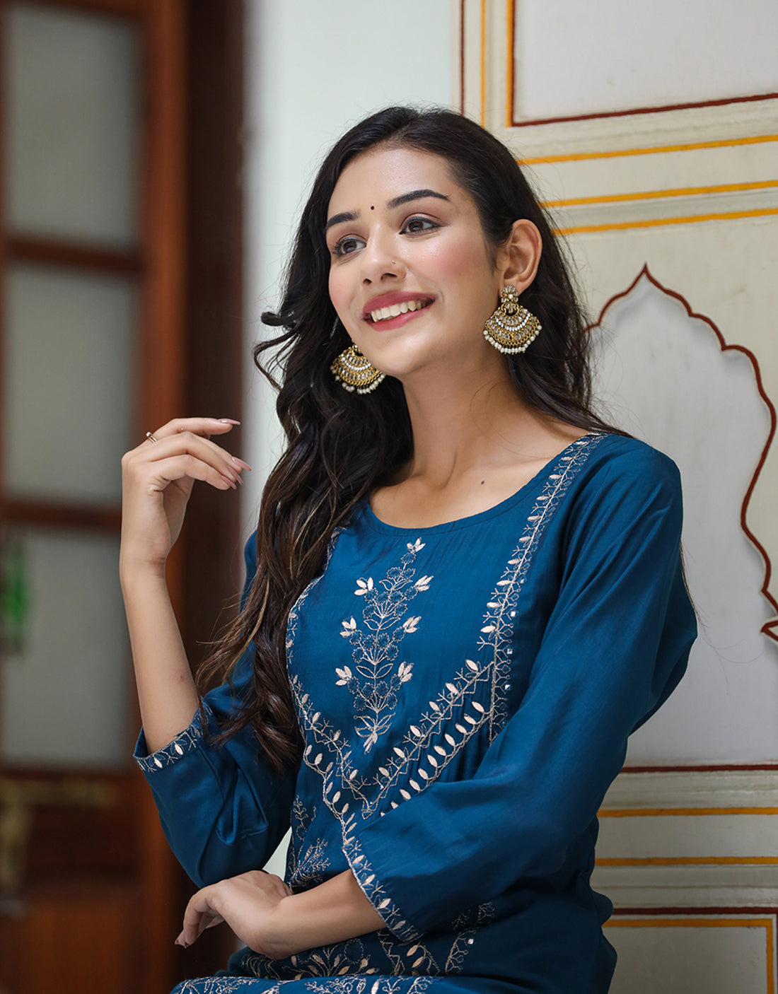 Kaajh Women's Navy Blue Embroidered Silk Kurta Sharara Set With Kota Doria Dupatta