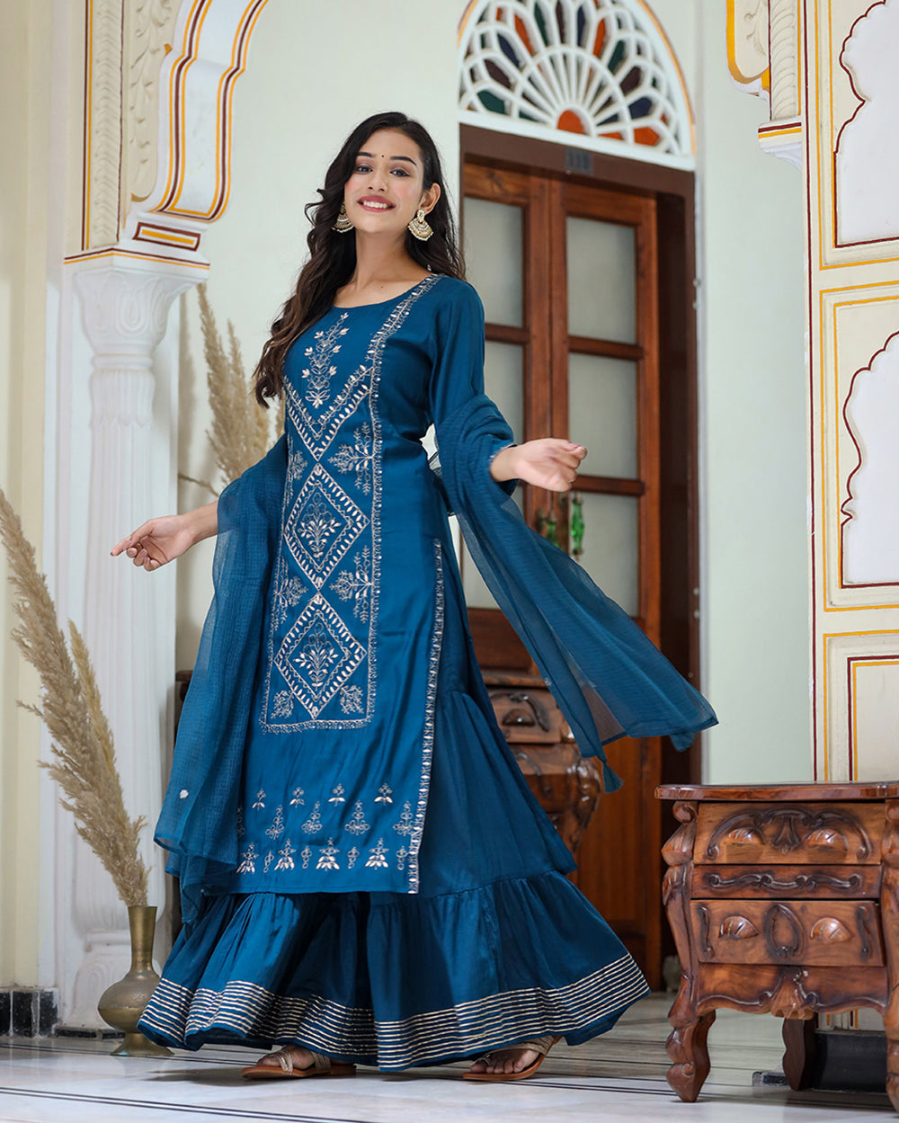 Kaajh Women's Navy Blue Embroidered Silk Kurta Sharara Set With Kota Doria Dupatta