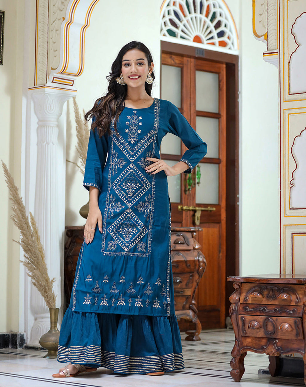 Kaajh Women's Navy Blue Embroidered Silk Kurta Sharara Set With Kota Doria Dupatta