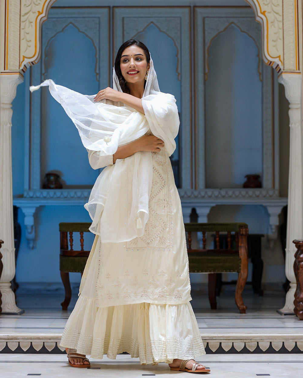 Kaajh Women's Off White EmbroideOff White Silk Kurta Sharara Set With Kota Doria Dupatta