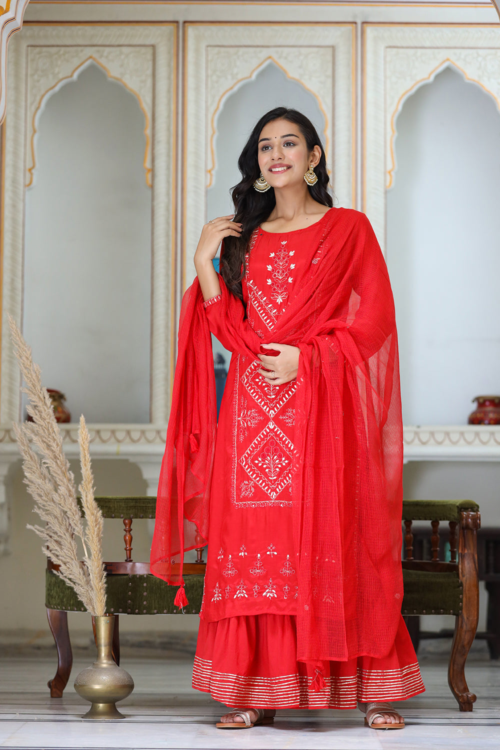 Kaajh Women's Red Embroidered Silk Kurta Sharara Set With Kota Doria Dupatta