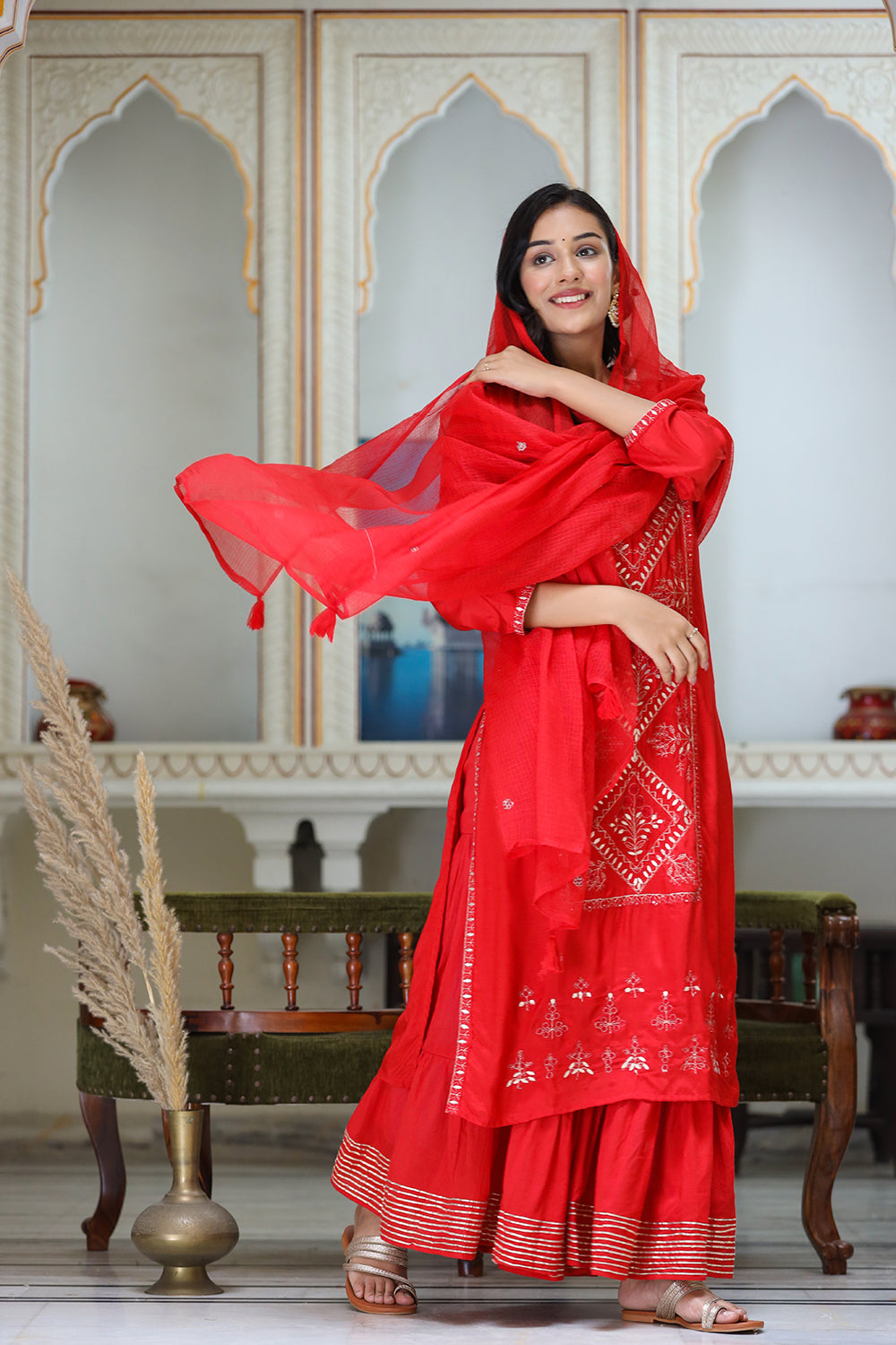 Kaajh Women's Red Embroidered Silk Kurta Sharara Set With Kota Doria Dupatta