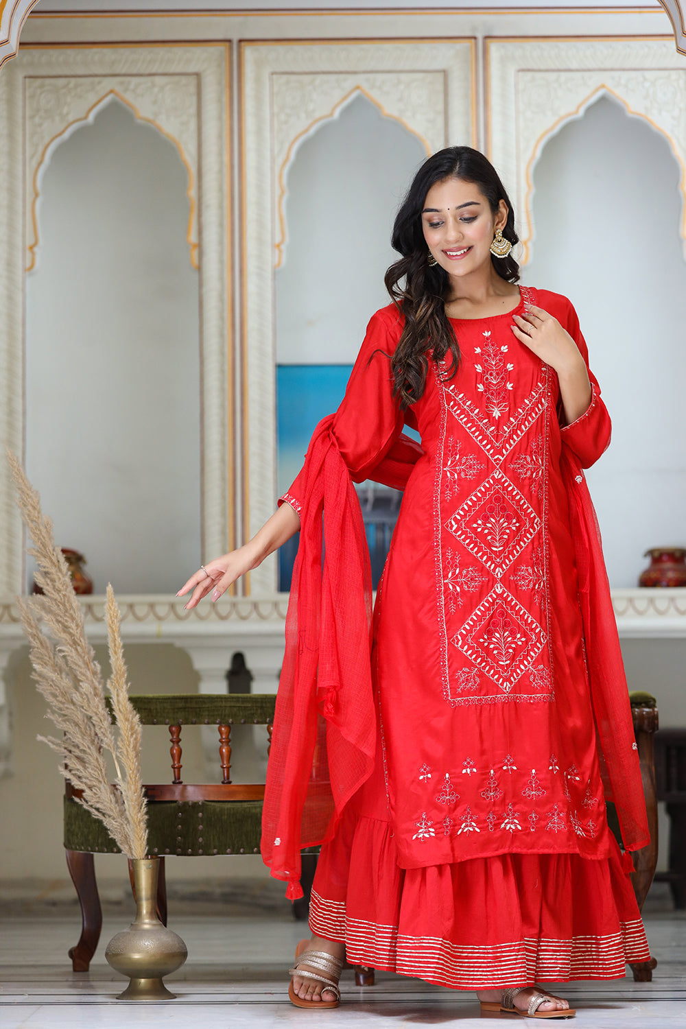 Kaajh Women's Red Embroidered Silk Kurta Sharara Set With Kota Doria Dupatta