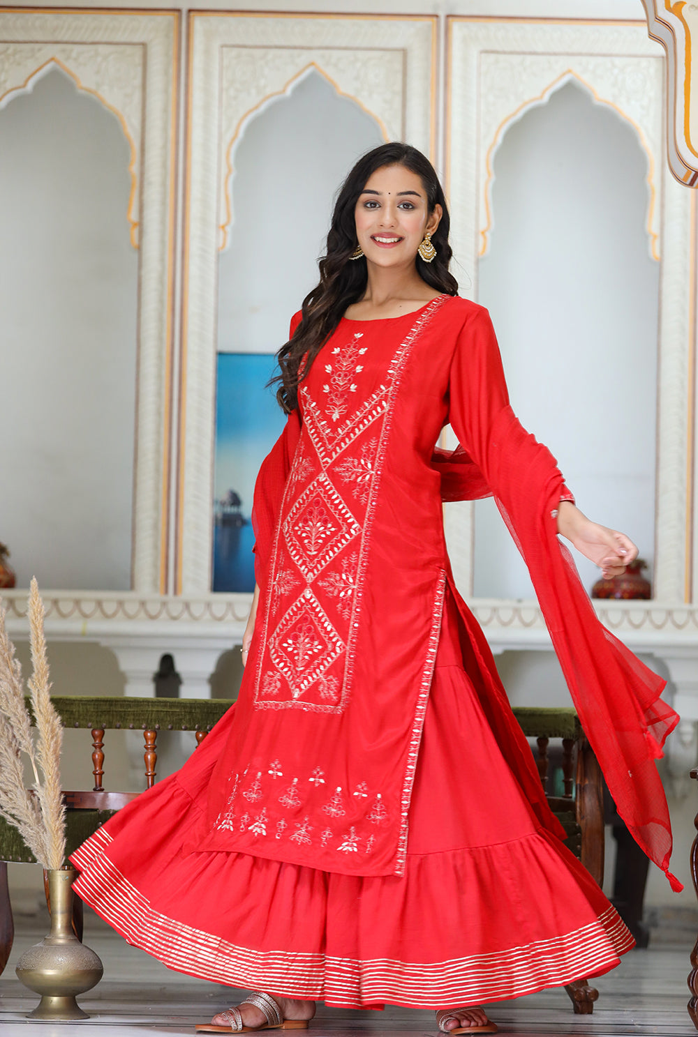 Kaajh Women's Red Embroidered Silk Kurta Sharara Set With Kota Doria Dupatta