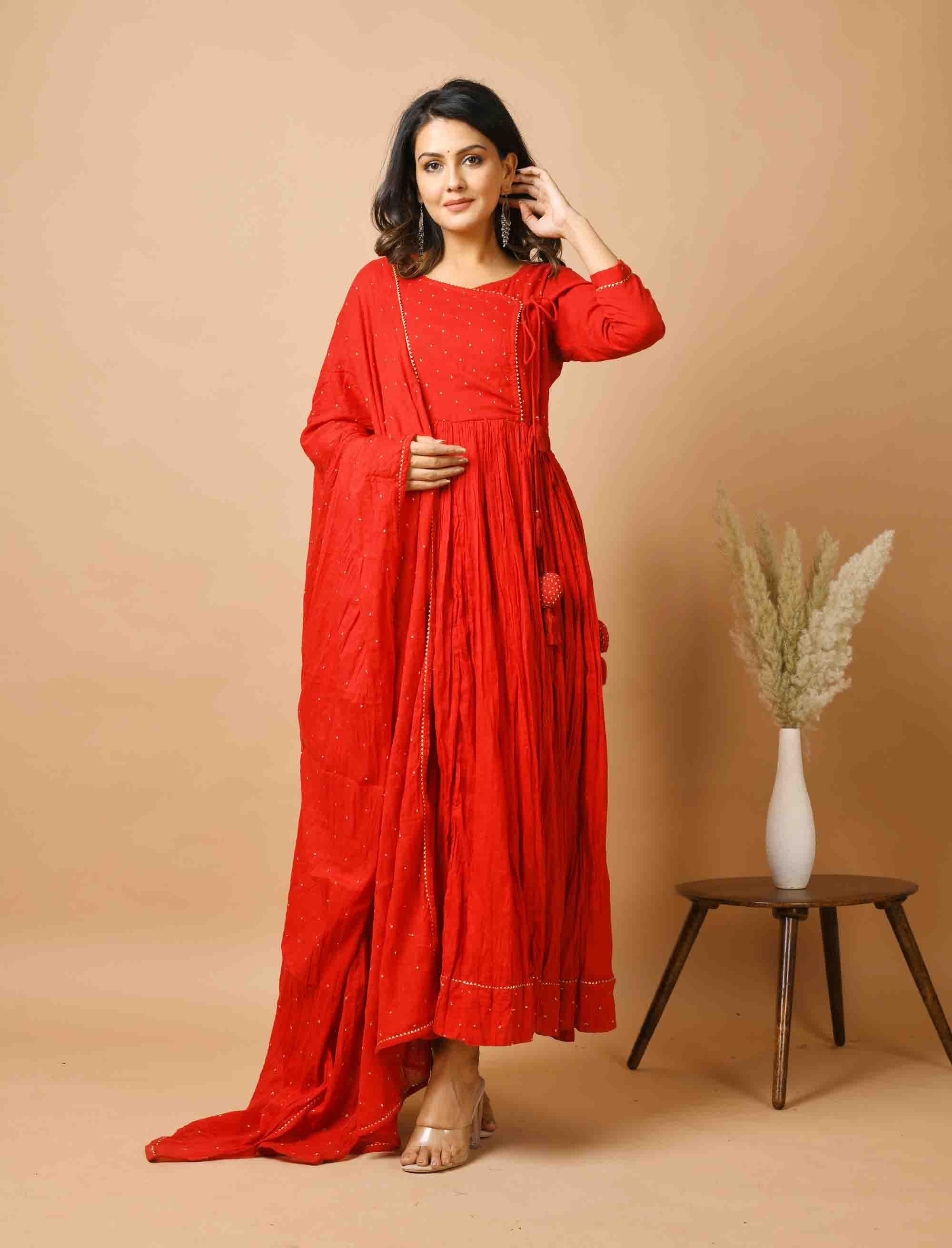 Kaajh Women's Red Zari Embellishment Angrakha Suit Set