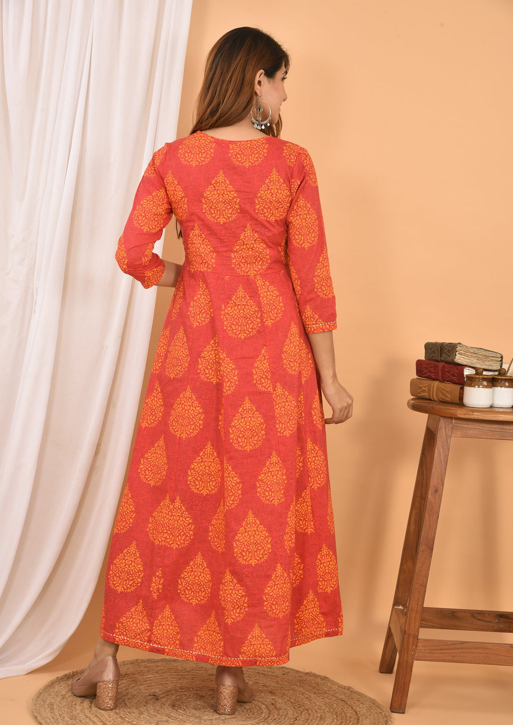 Kaajh Women's Orange Printed Anarkali Kurta