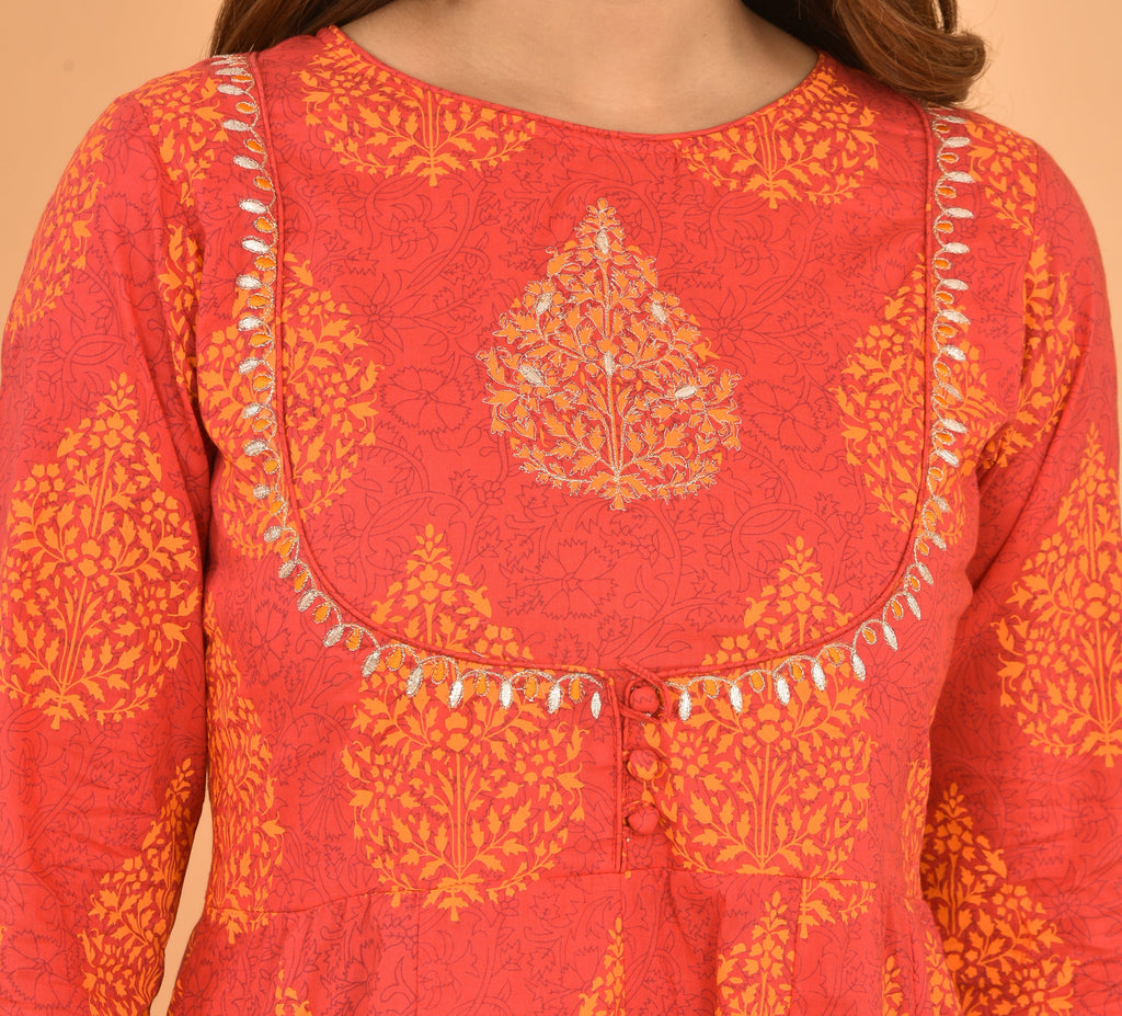 Kaajh Women's Orange Printed Anarkali Kurta