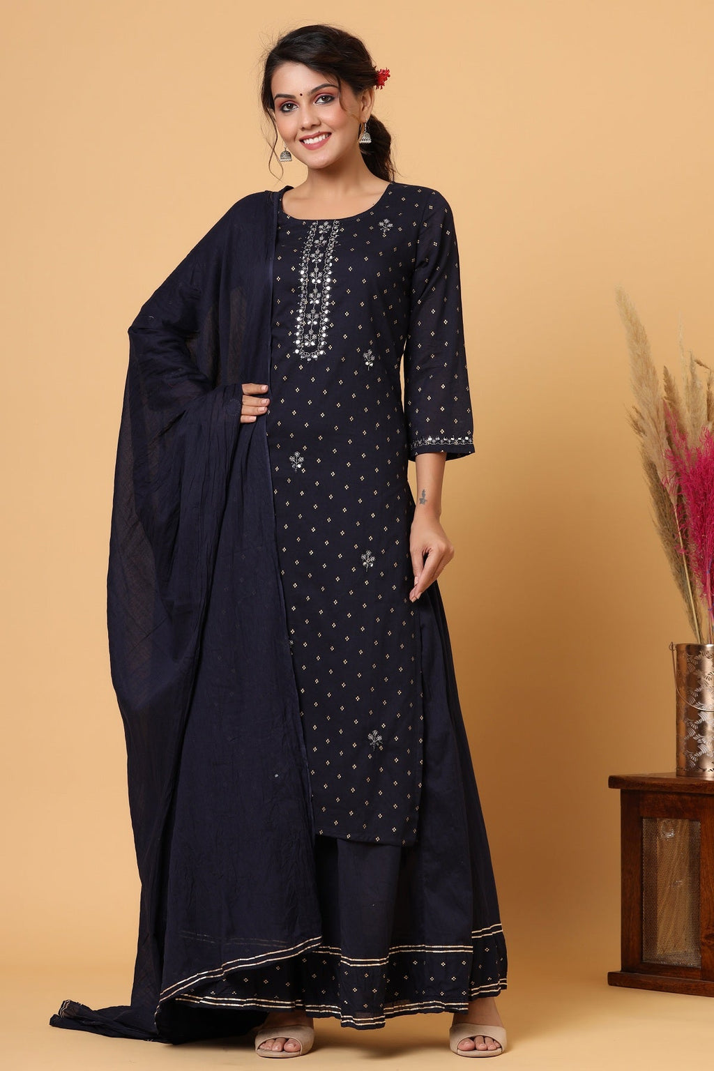 Kaajh Women's Blue Gold Print Suit Set