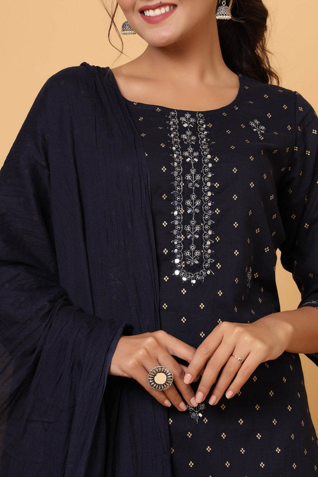 Kaajh Women's Blue Gold Print Suit Set