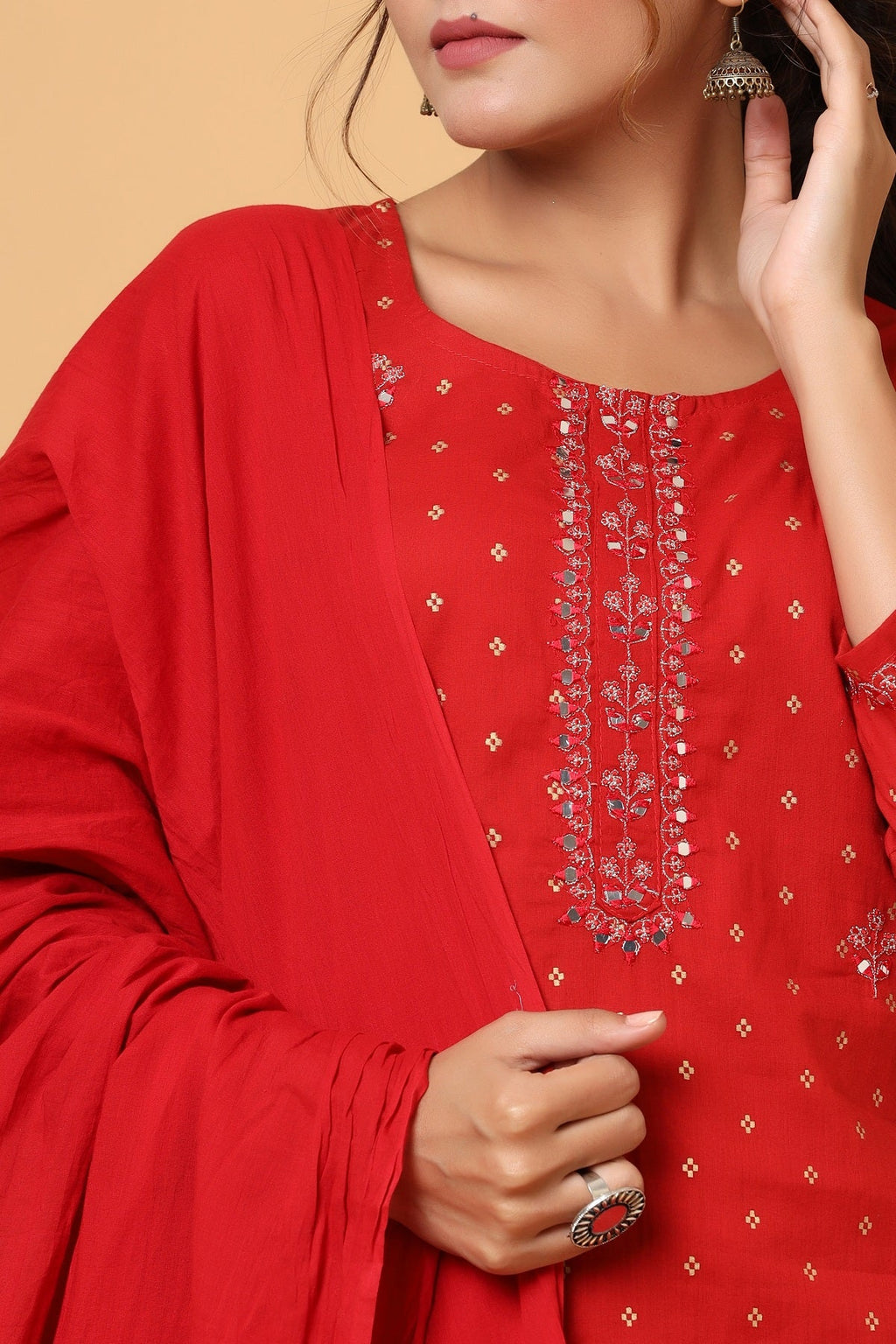 Kaajh Women's Red Gold Print Suit Set