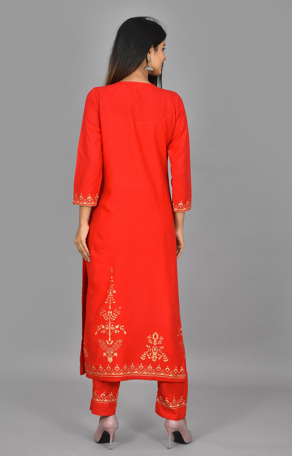 Kaajh Women's Red Gold Printed Kurta Pant Set