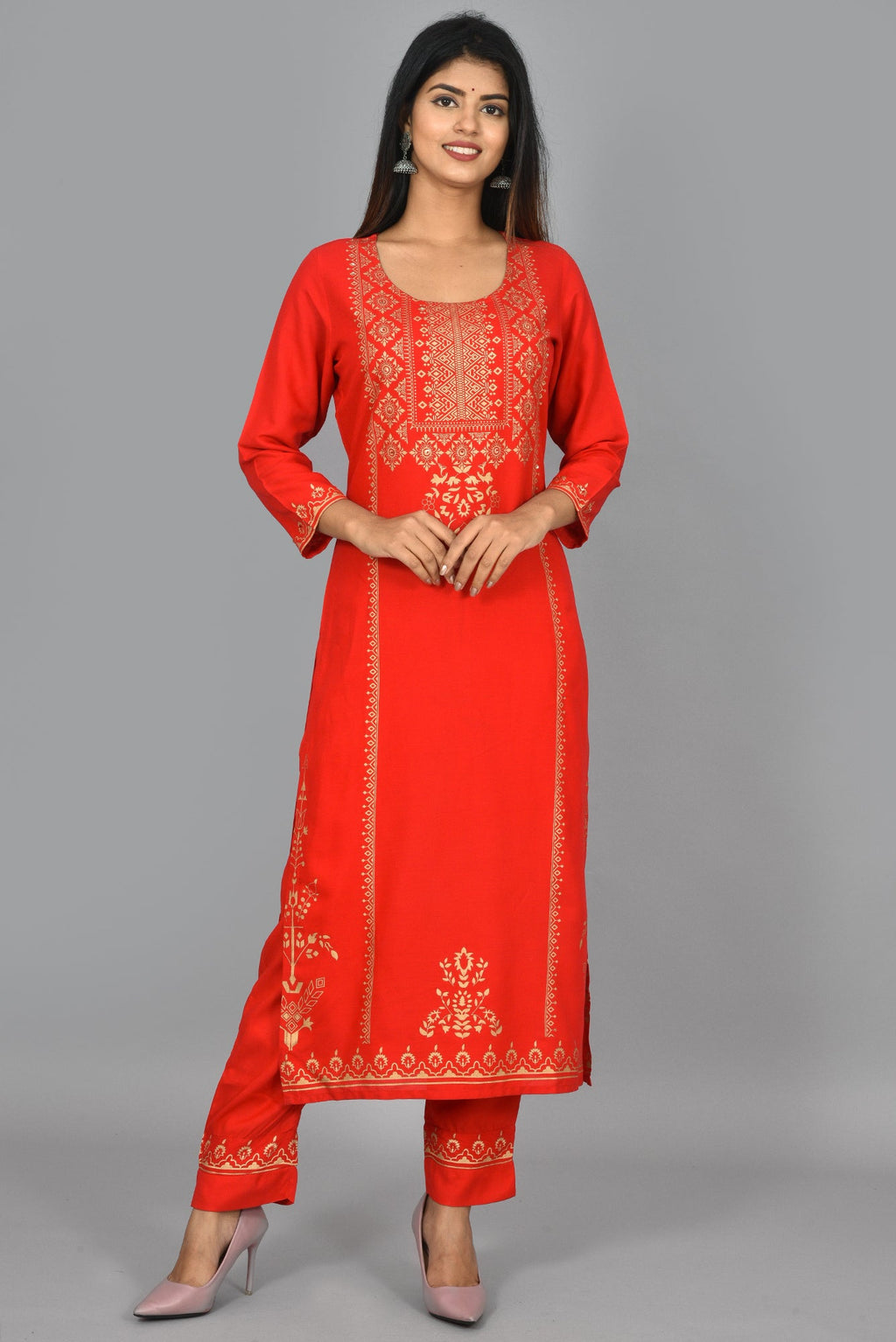 Kaajh Women's Red Gold Printed Kurta Pant Set